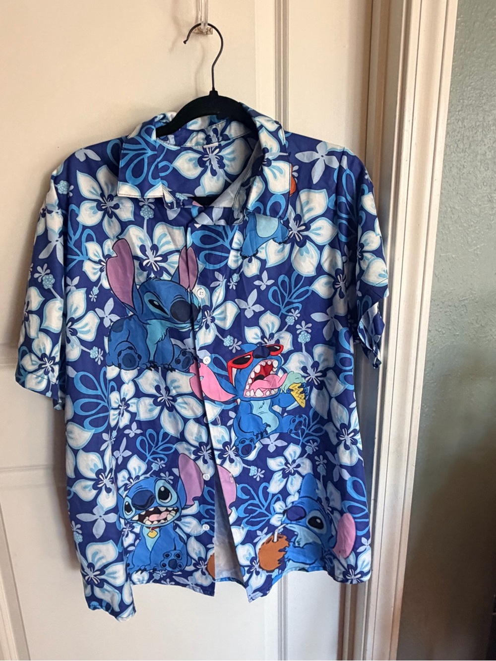 Men's Blue Floral Stitch Print Short-Sleeve Button-Down Shirt